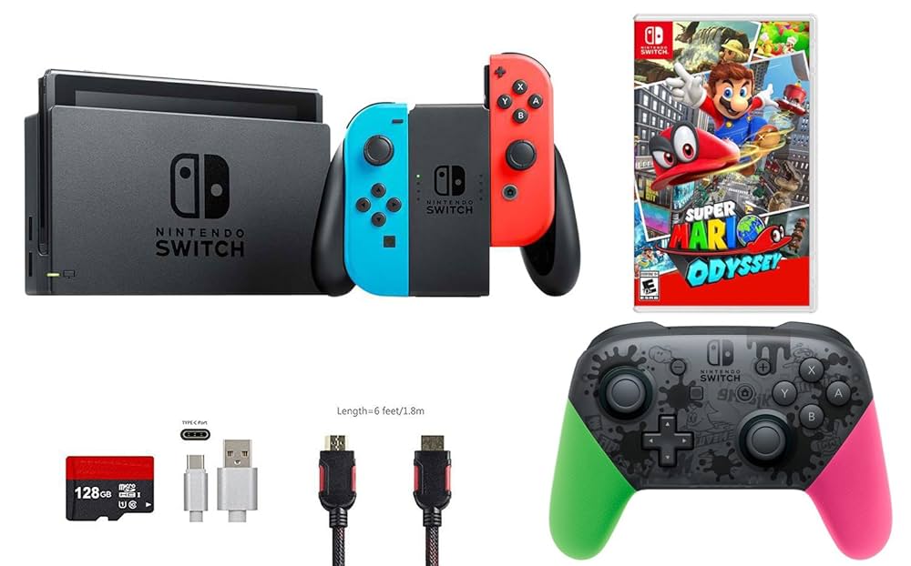 Nintendo Switch Bundle (6 items): 32GB Console Neon Red Blue